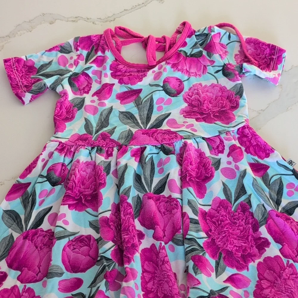 Girls Pink Floral Cold-Shoulder Dress
